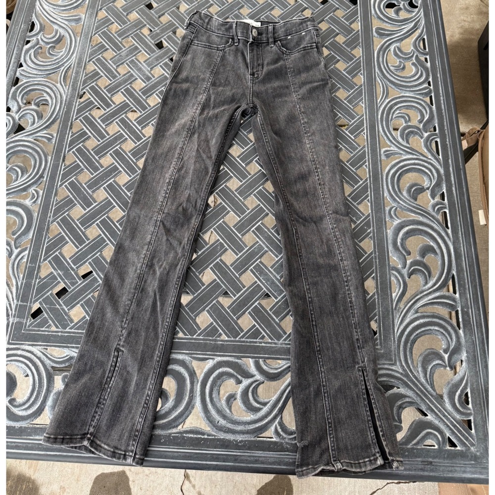 Abercrombie Kids High Rise Flare Jeans Washed Black Front Seam Split Hem 9/10 L